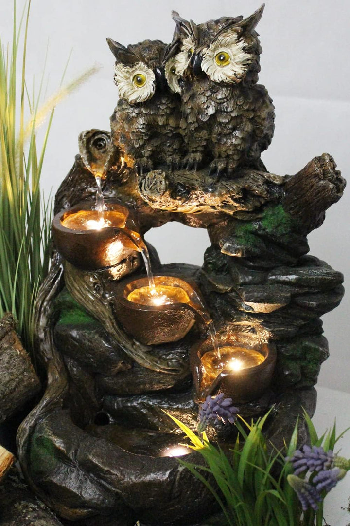 Gartenbrunnen Eule mit LED-Beleuchtung Springbrunnen Terrassenbrunnen Wasserspiel Zimmerbrunnen
