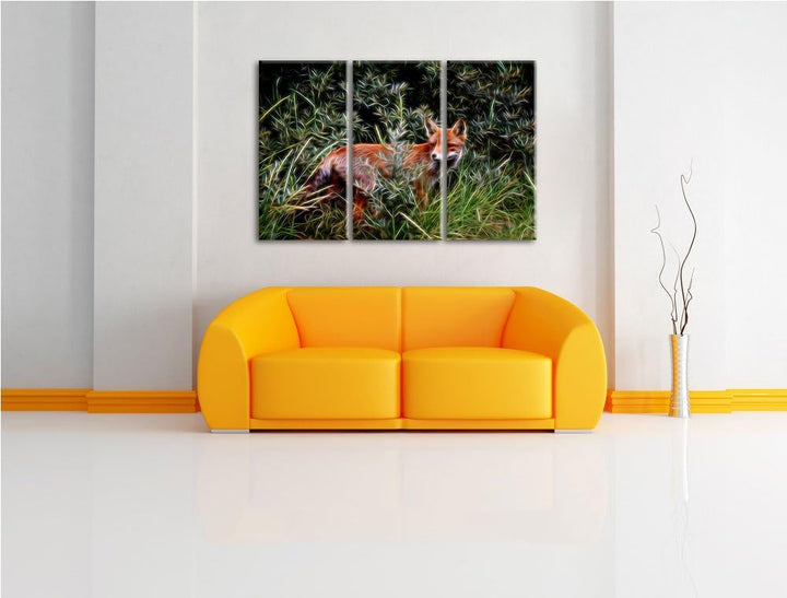 listiger Fuchs im Wildstrauch NewArt 3-Teiler Leinwandbild 120x80 Bild auf Leinwand, XXL riesige Bil