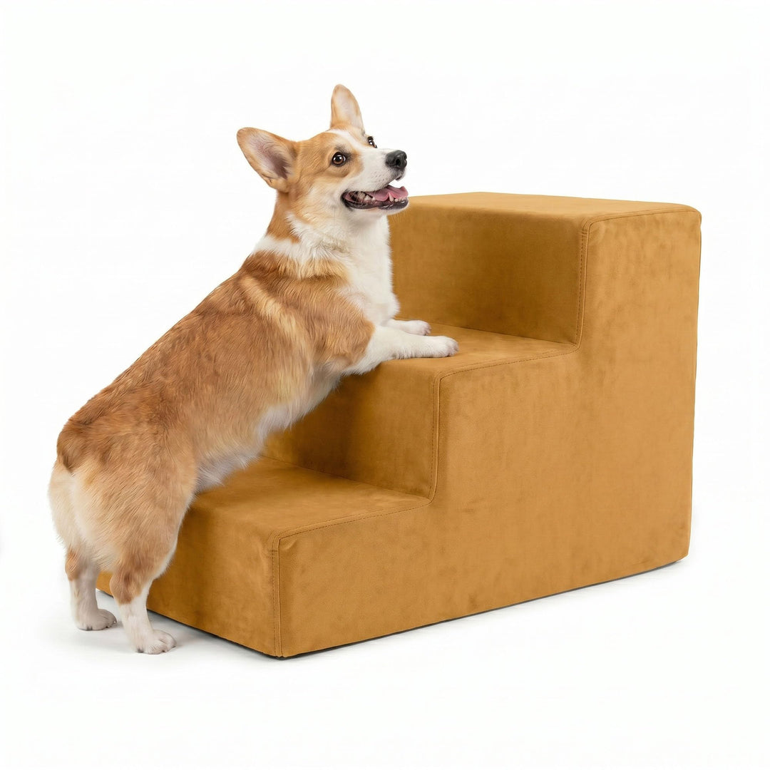 murando Hundetreppe für Kleine Hunde 3 Stufen 30 cm, Samt - Gelb | Haustiertreppe für Bett, Sofa, Be