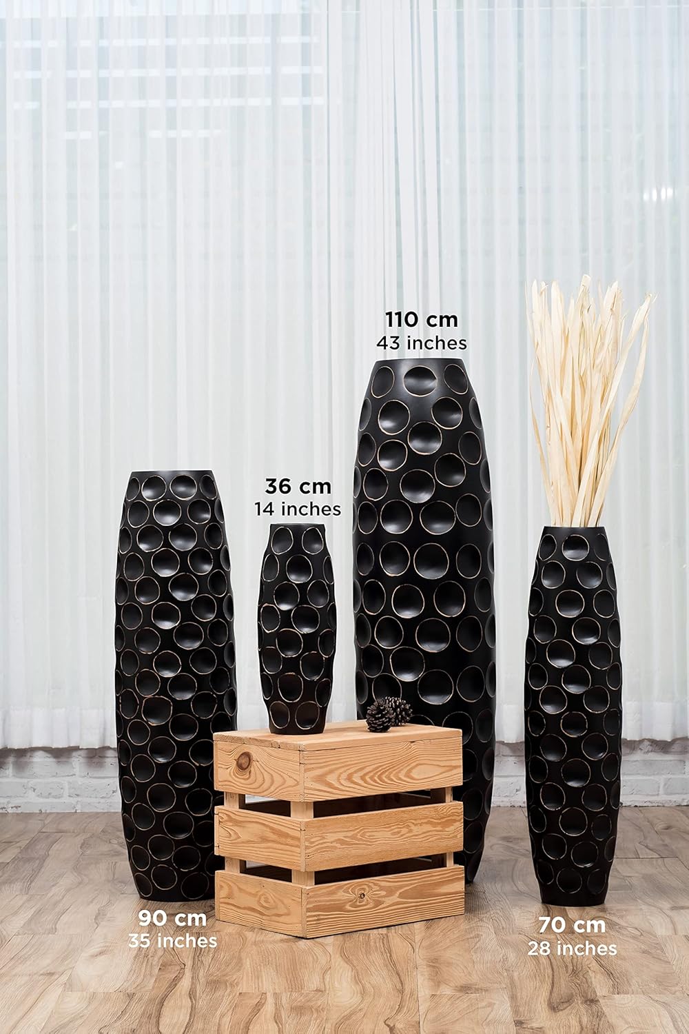 Leewadee Grosse Bodenvase für Dekozweige hohe Standvase Design Holzvase, Holz, 90 cm, Schwarz 90 cm