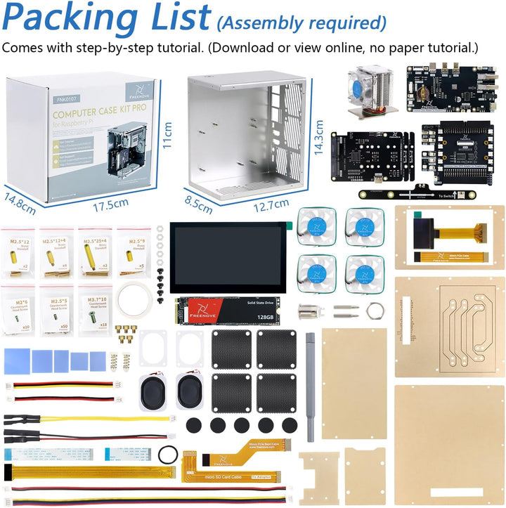 FREENOVE Raspberry Pi 5 NAS Case Kit (with 1x 128GB SSD), Quad M.2 NVMe SSD Slots, 5 PWM ARGB Fans L