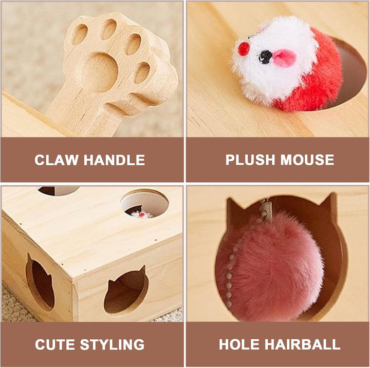 Interaktives Katzenspielzeug, 5-Loch-Mäuse-Schlag-eine-Maulwurf Katzenmaus-Spielzeug, Holz Spielzeug