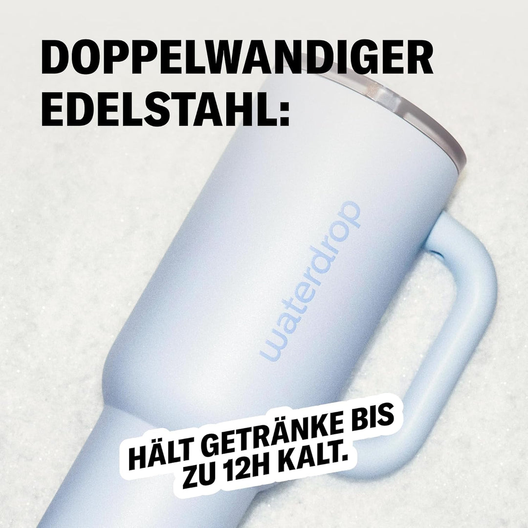waterdrop® Thermobecher mit Strohhalm 1,1L – Auslaufsichere, robuste Trinkflasche mit aufklappbarem