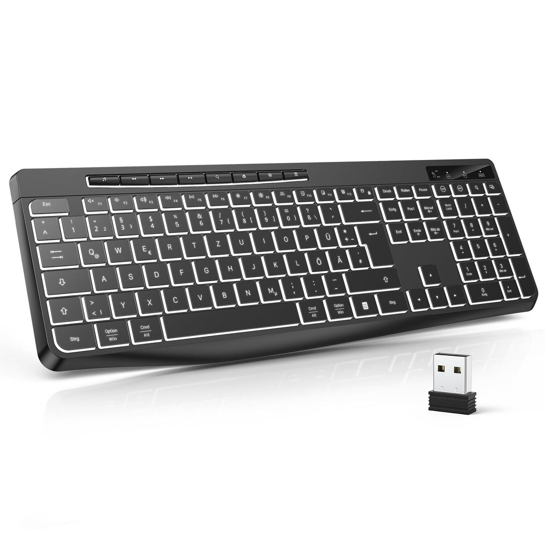 TECURS Tastatur Kabellos Gaming PC- Leise Tastatur QWERTZ Weiss Beleuchtet Ergonomisch Wasserdicht,