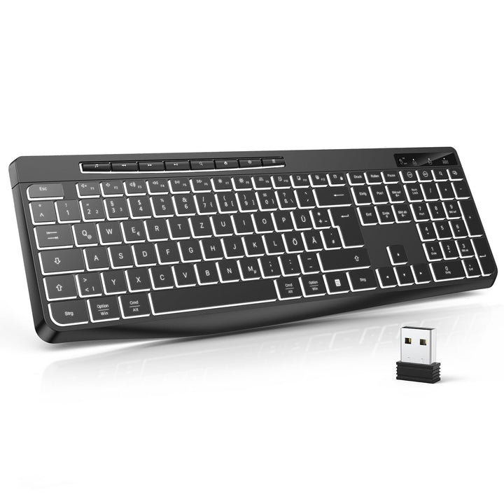 TECURS Tastatur Kabellos Gaming PC- Leise Tastatur QWERTZ Weiss Beleuchtet Ergonomisch Wasserdicht,