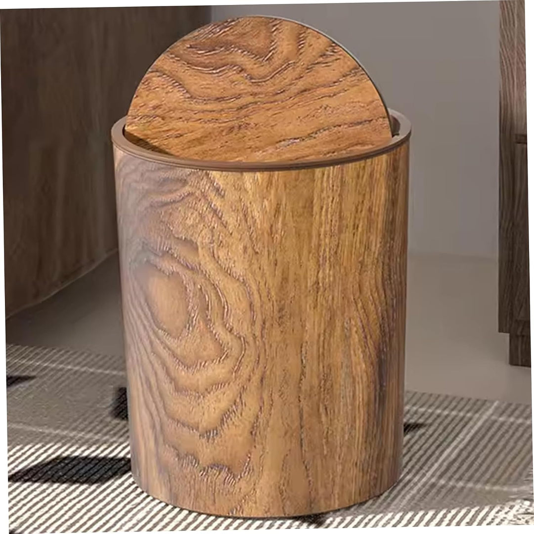 Retro-Mülleimer, Holzmaserung, kleiner Mülleimer mit Schwingdeckel, runder, wiederverwendbarer Abfal
