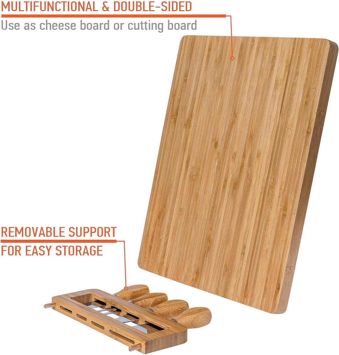 Bambus Käsebrett mit Käsemesser Set 35x28cm – Servierplatte aus Holz für Käse & Häppchen – Servierbr