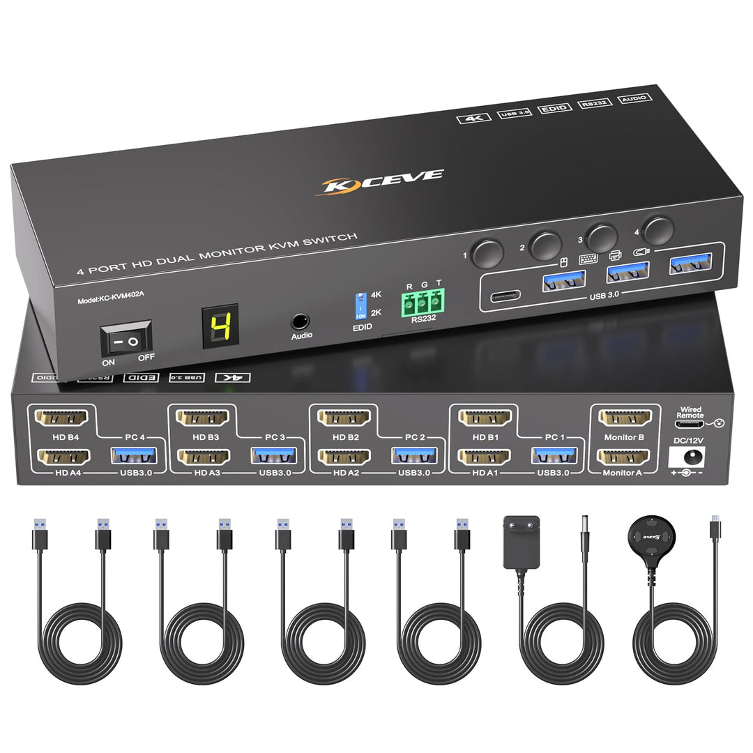 4 Port HDMI KVM Switch 4 PC 2 Monitore 4K@60Hz EDID-Simulation, Dual Monitor KVM Switch mit 4 USB 3.