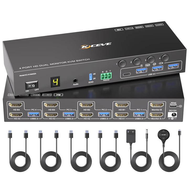 4 Port HDMI KVM Switch 4 PC 2 Monitore 4K@60Hz EDID-Simulation, Dual Monitor KVM Switch mit 4 USB 3.