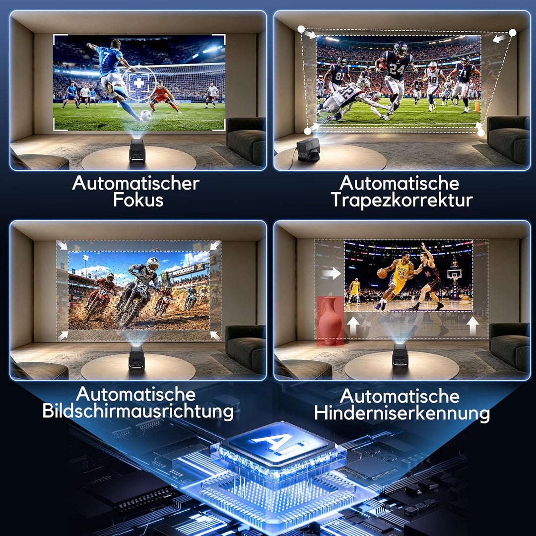 4K Smart Beamer, AKIYO O6 Projektor mit WLAN Bluetooth Autofokus 6DKeystone