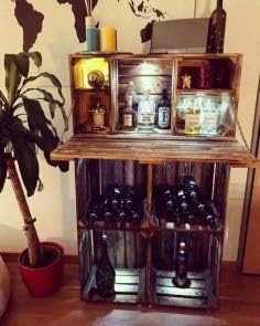 Grosse geflammte Wand Hängebar mit Integrierter Arbeitsplatte Holztruhe Holzkiste Obstkiste Barregal