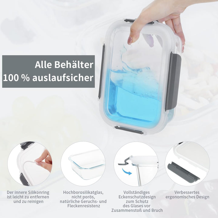 Glas-Frischhaltedosen Set für Lebensmittel,18 Teile (9Behälter, 9 Transparente Deckel) Spülmaschinen