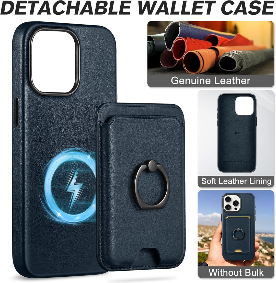 SHIELDON Handyhülle für iPhone 15 Pro Max Hülle Echt Leder Kartenhalter Ständer Abnehmbar Schutzhüll