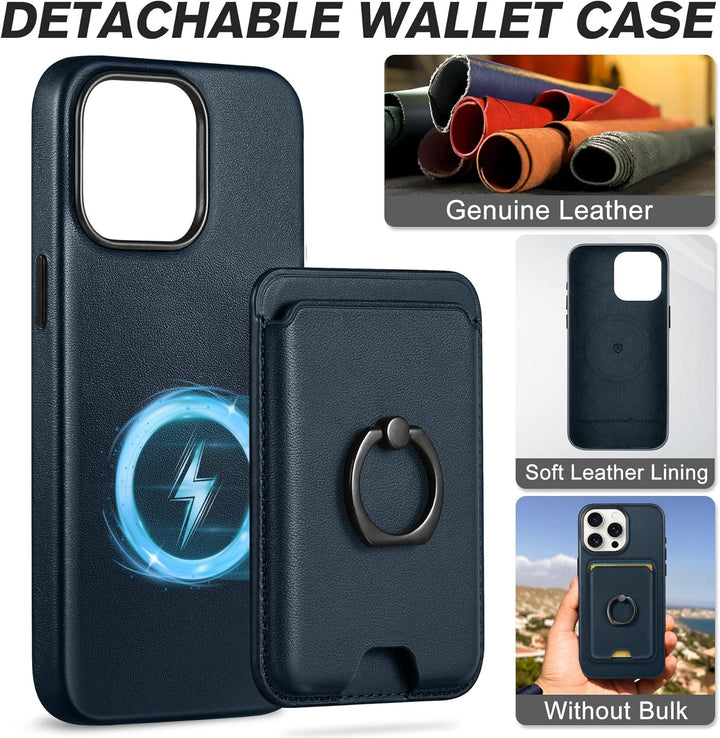SHIELDON Handyhülle für iPhone 15 Pro Max Hülle Echt Leder Kartenhalter Ständer Abnehmbar Schutzhüll