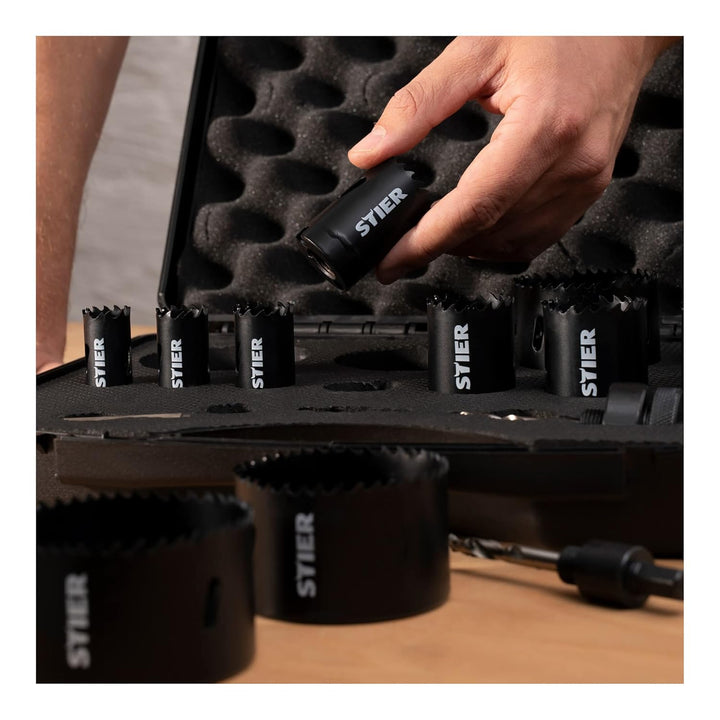 STIER Lochsägen-Set HSS-Co8 Bimetall, 17-teilig (20, 22, 25, 32, 35, 40, 44, 51, 60, 68, 76 mm), Loc