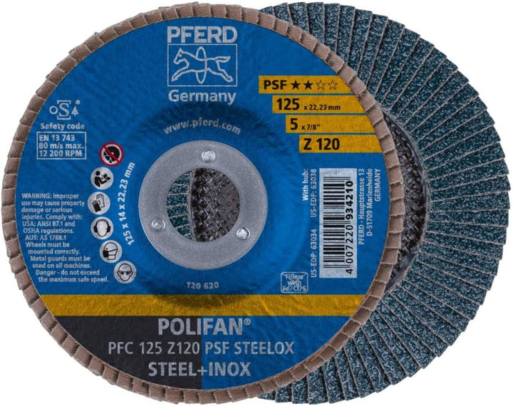 PFERD Fächerscheibe POLIFAN 10 Stück | Ø 125 mm, Z 120, konisch, PSF STEELOX | 67769125 für Stahl un
