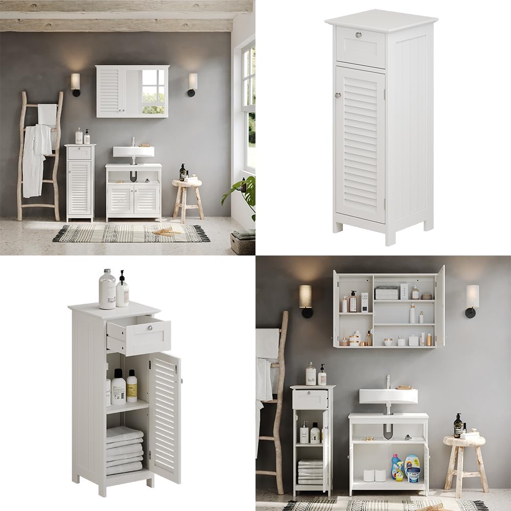 Vicco Midischrank Riad, Weiss, 32 x 87 cm mit Tür und Schublade, Midischrank