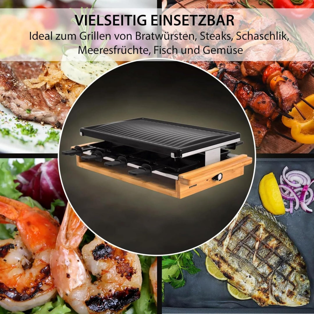 Syntrox Raclette Grill 8 Personen Leitol 1200W, Raclettegrill Elektrisch mit Emaillierter Grillplatt