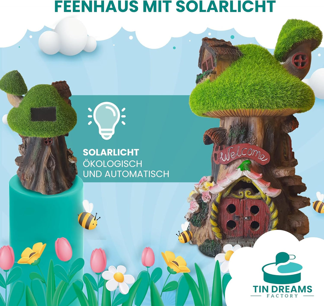 Feenhaus für den Garten mit Solarlicht - Fairy Tree House aus Harz - Aussendekoration für Garten, Te