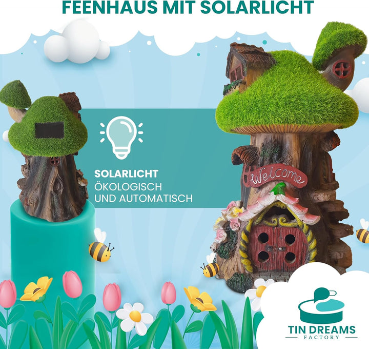 Feenhaus für den Garten mit Solarlicht - Fairy Tree House aus Harz - Aussendekoration für Garten, Te