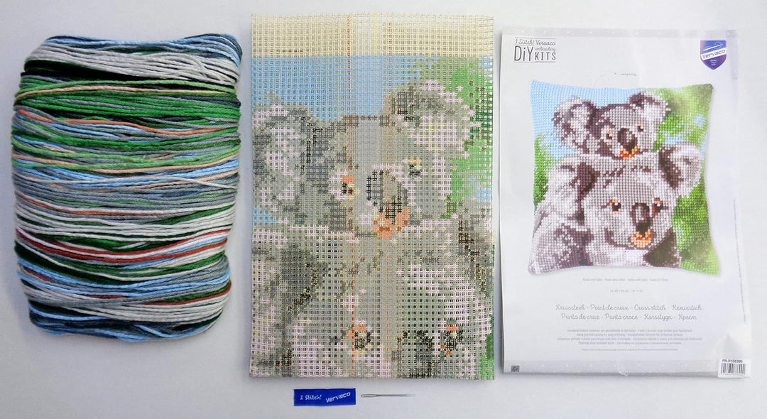 Vervaco PN-0158399 Kreuzstichkissen Set vorgezeichnet, Baumwolle, Koala mit Baby, 40x40cm