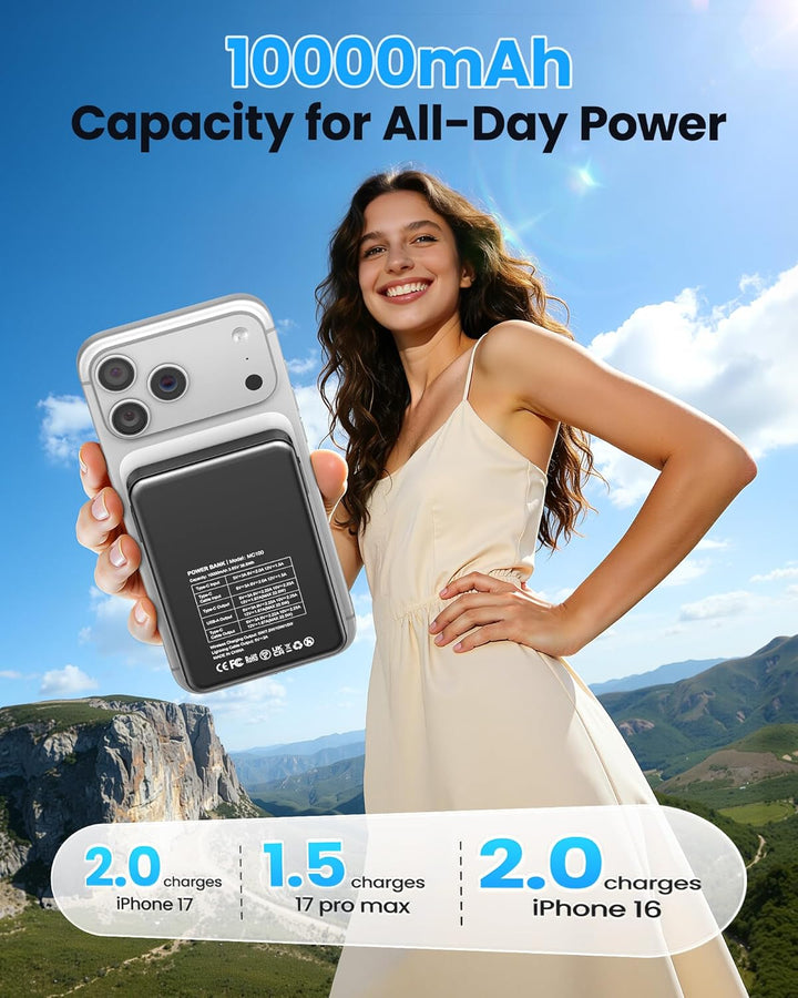 Magsaf Power Bank 10000mAh, Wireless Magnetische Powerbank Schnelles Laden mit LED-Display Mini Powe