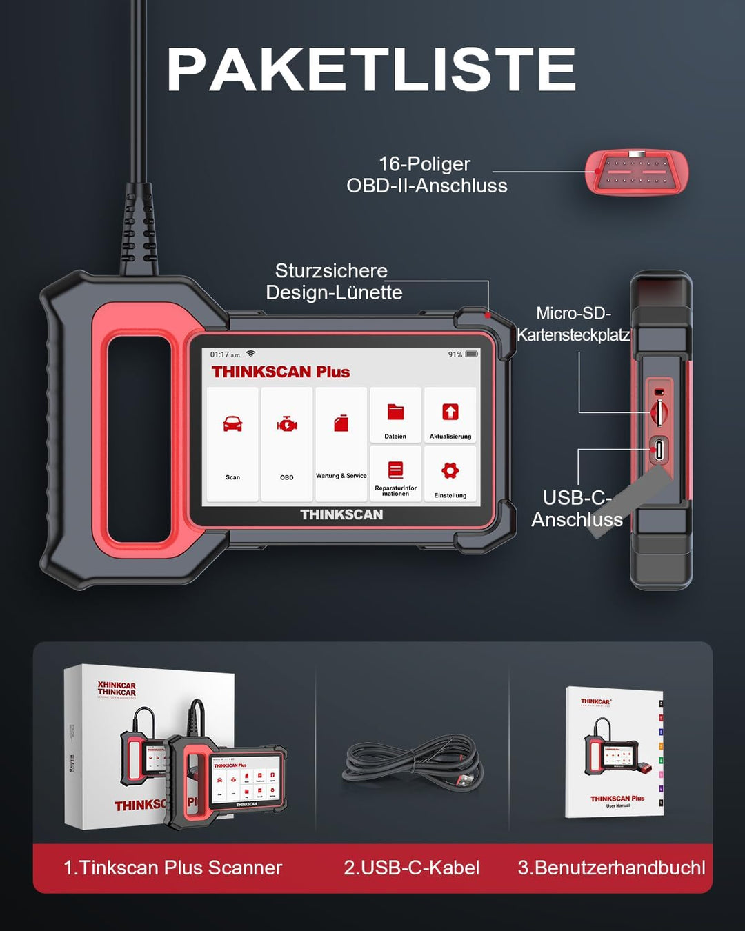 thinkcar OBD2 Diagnosegerät, ThinkScan Plus S4 Diagnosegerät Auto Mit 5 Systemdiagnosen(ECM+ABS+SRS+
