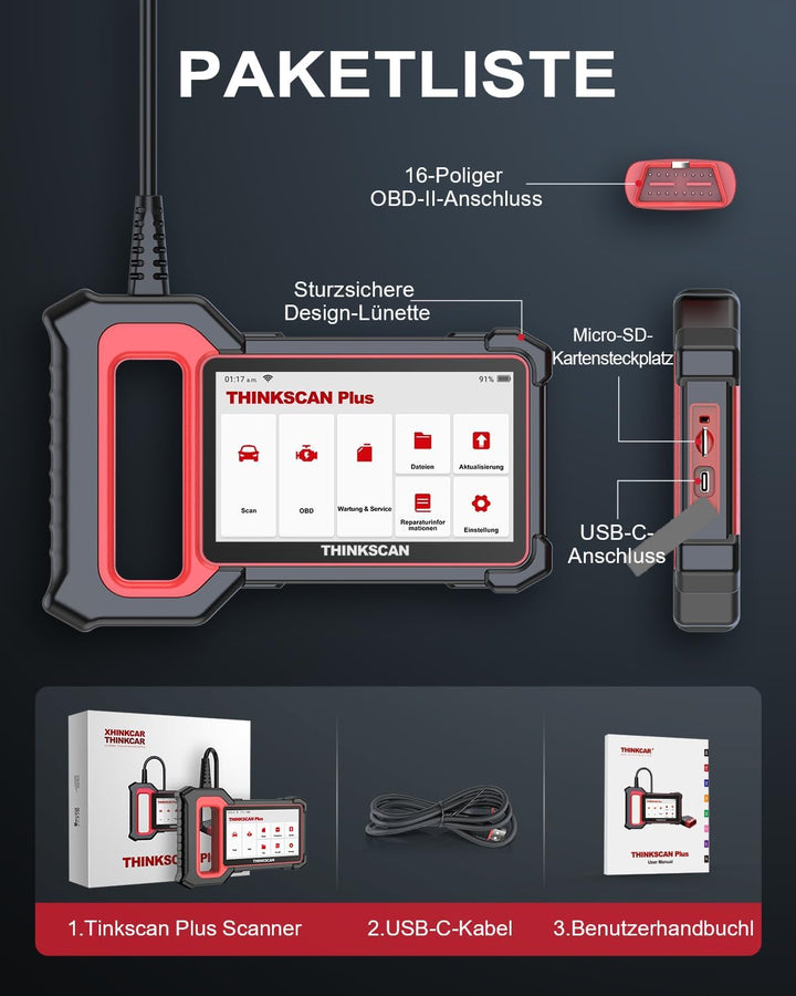 thinkcar OBD2 Diagnosegerät, ThinkScan Plus S4 Diagnosegerät Auto Mit 5 Systemdiagnosen(ECM+ABS+SRS+
