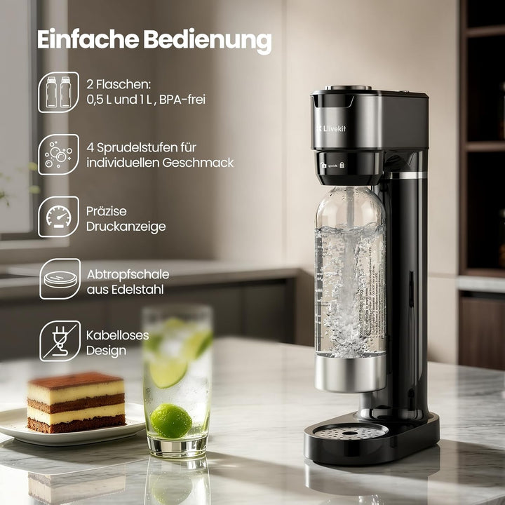 LLIVEKIT Wassersprudler, mit 4 einstellbaren Sprudelstufen, inkl. 0,5 L und 1 L PET-Flaschen BPA-fre