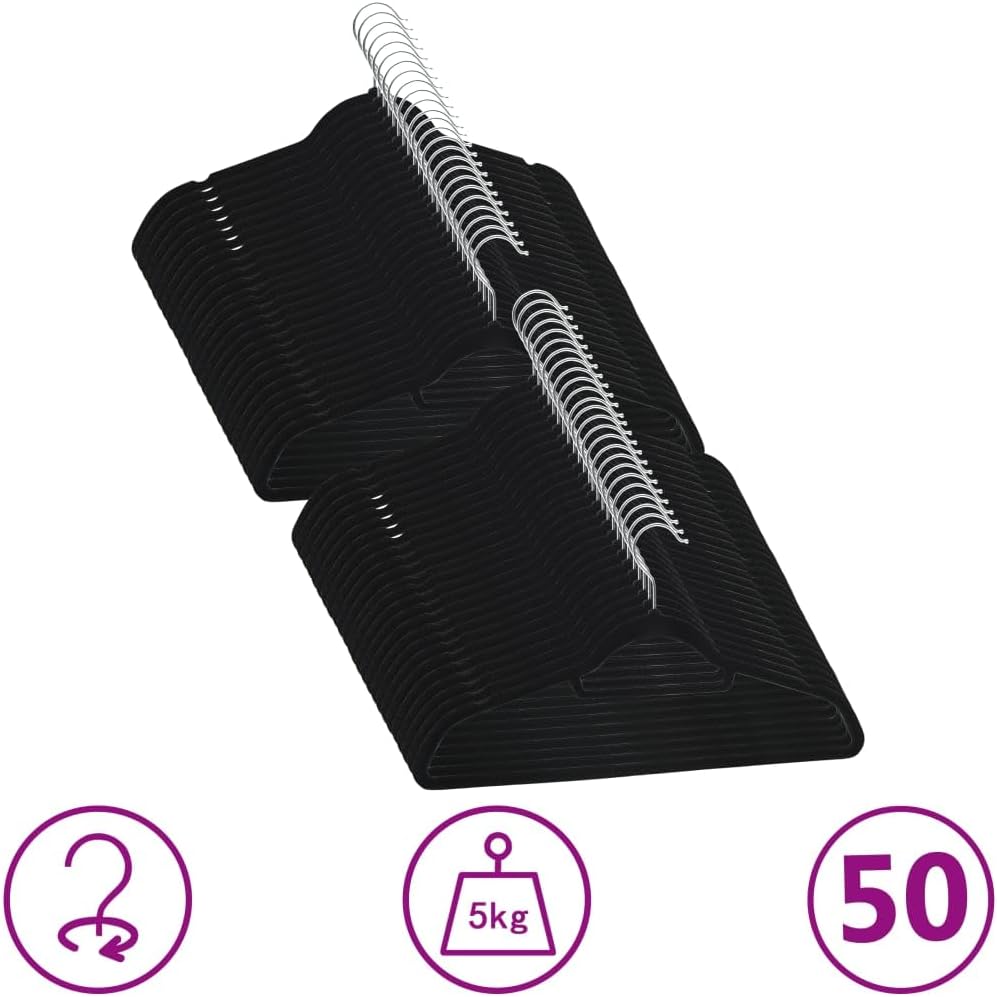 INLIFE 50 STK. Kleiderbügel-Set Anti-Rutsch Schwarz Samt,4.38kg,289921 Schwarz 50 STK., Schwarz 50 S