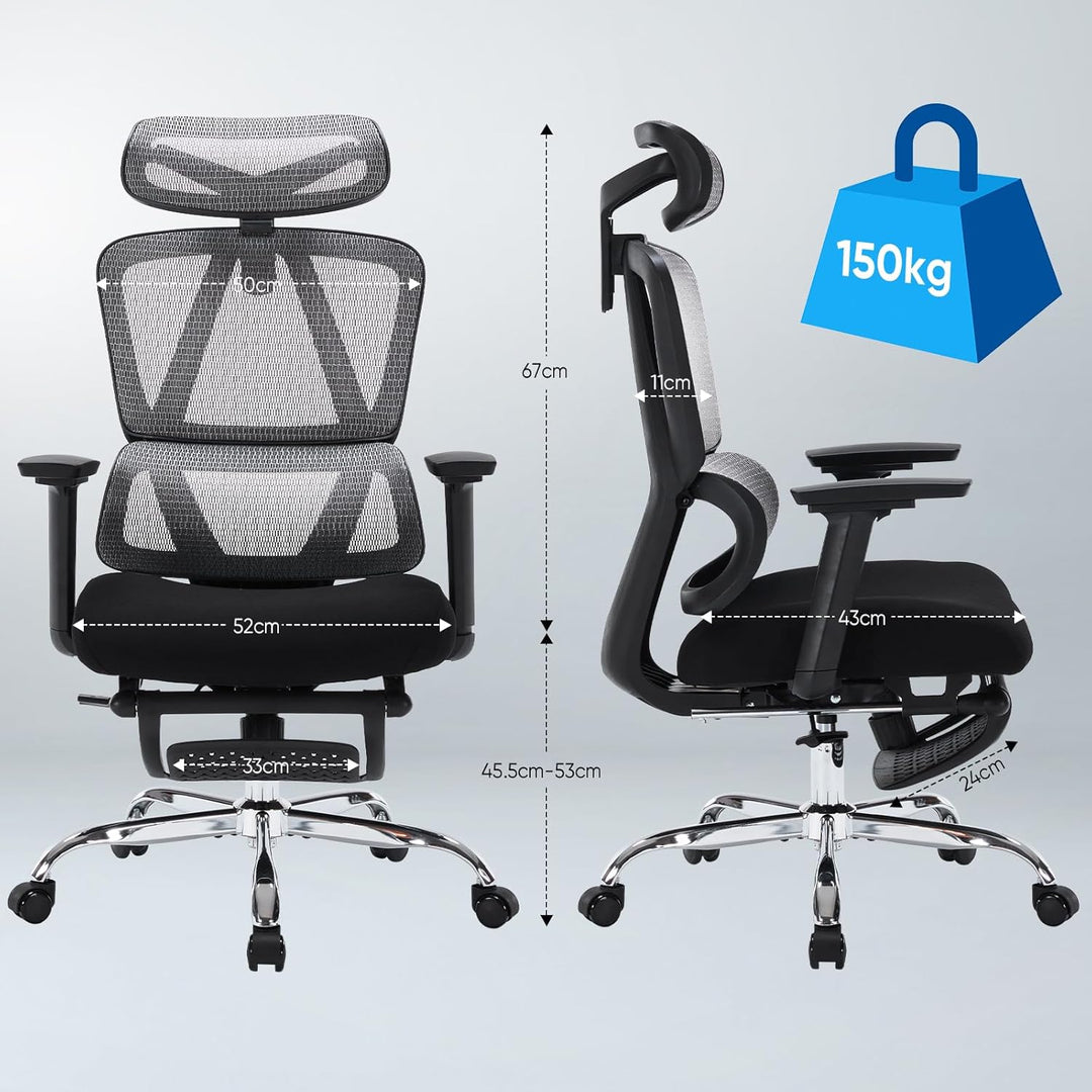 Bürostuhl Ergonomisch, Schreibtischstuhl aus Netzgewebe mit Kopfstütze, Fussstütze und 3D-Armlehnen,