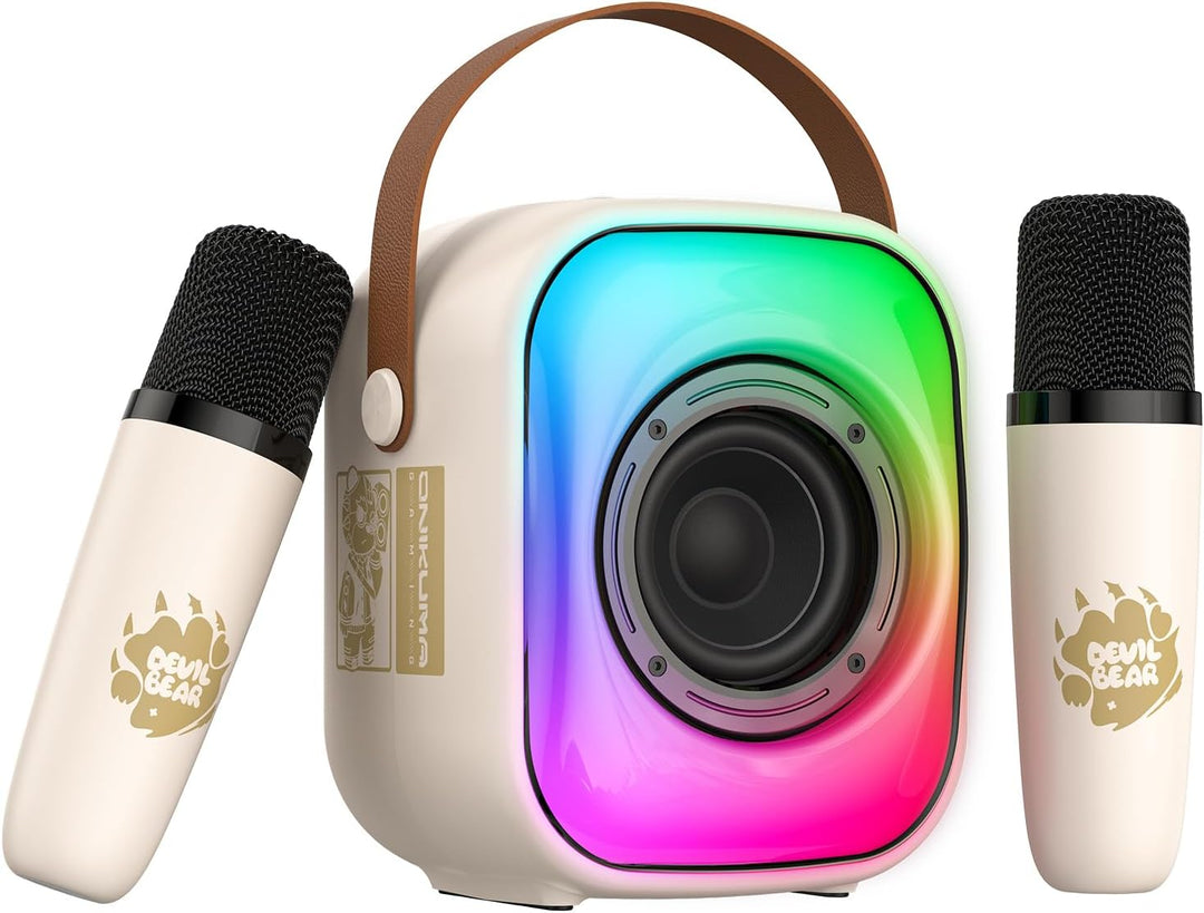 PHNIXGAM Mini Karaoke Maschine mit 2 drahtlosen Mikrofonen, Tragbarer Bluetooth Lautsprecher, Karaok
