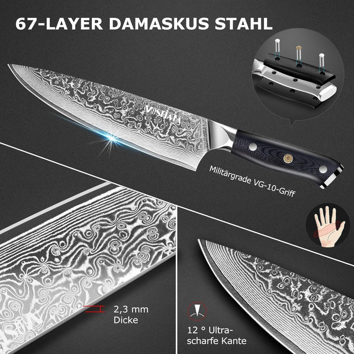 MOSFiATA Damastmesser 8 Zoll, Kochmesser Damast Küchenmesser Damaststahl Japanisches Messer Scharf C
