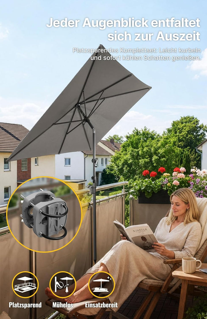 4smile SunnyShade Sonnenschirm Balkon mit Halterung im 3-er-Set, UV 50+, 210x140 cm, Anthrazit, Balk