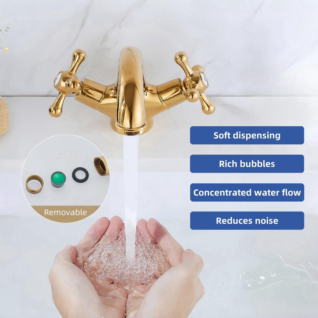 Wasserhahn Armatur Bad Zweigriff Gold, Waschtischarmatur Messing mit Kreuzgriff, Mischbatterie Badez
