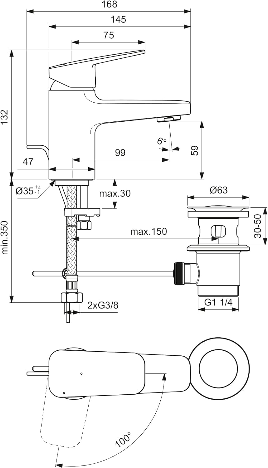 Ideal Standard BD205AA Ceraplan Waschtischarmatur mit Zugknopf-Ablaufgarnitur Auslaufhöhe 59mm BlueS