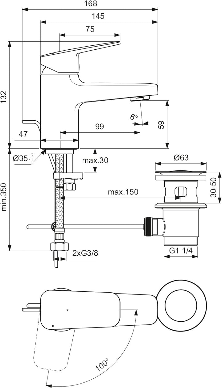 Ideal Standard BD205AA Ceraplan Waschtischarmatur mit Zugknopf-Ablaufgarnitur Auslaufhöhe 59mm BlueS