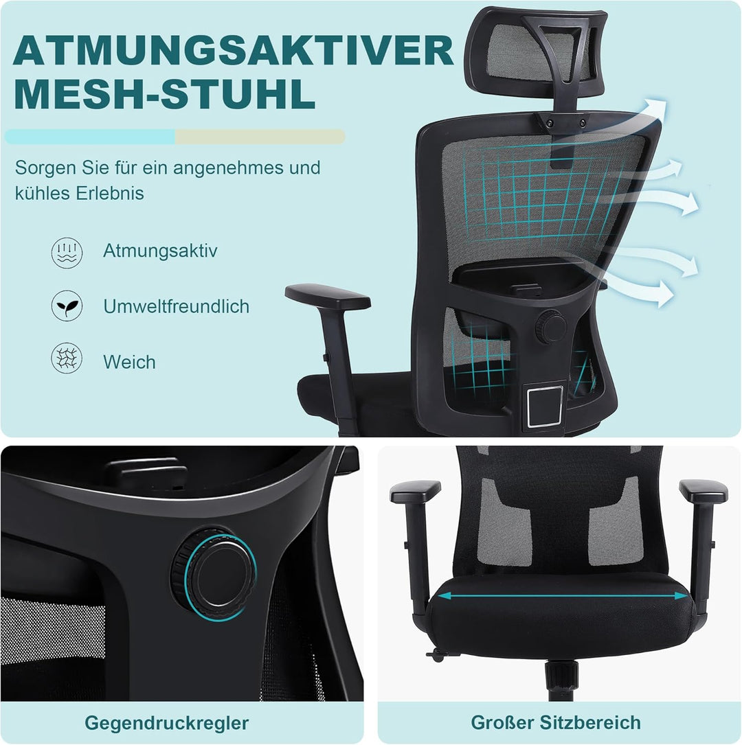 Youhauchair Bürostuhl Ergonomisch, Schreibtischstuhl mit Verstellbarer Kopfstütze und Armlehnen, Off