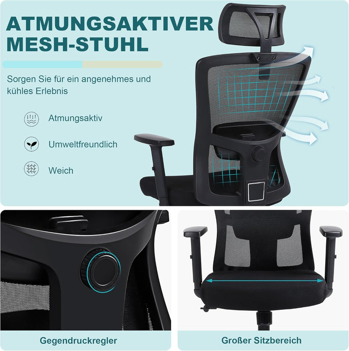 Youhauchair Bürostuhl Ergonomisch, Schreibtischstuhl mit Verstellbarer Kopfstütze und Armlehnen, Off