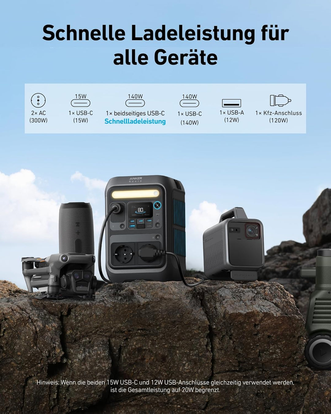 Anker SOLIX C300X Tragbare Powerstation, 288Wh LiFePO4 Akku, 300W (Max 600W) Solargenerator, 140W Be