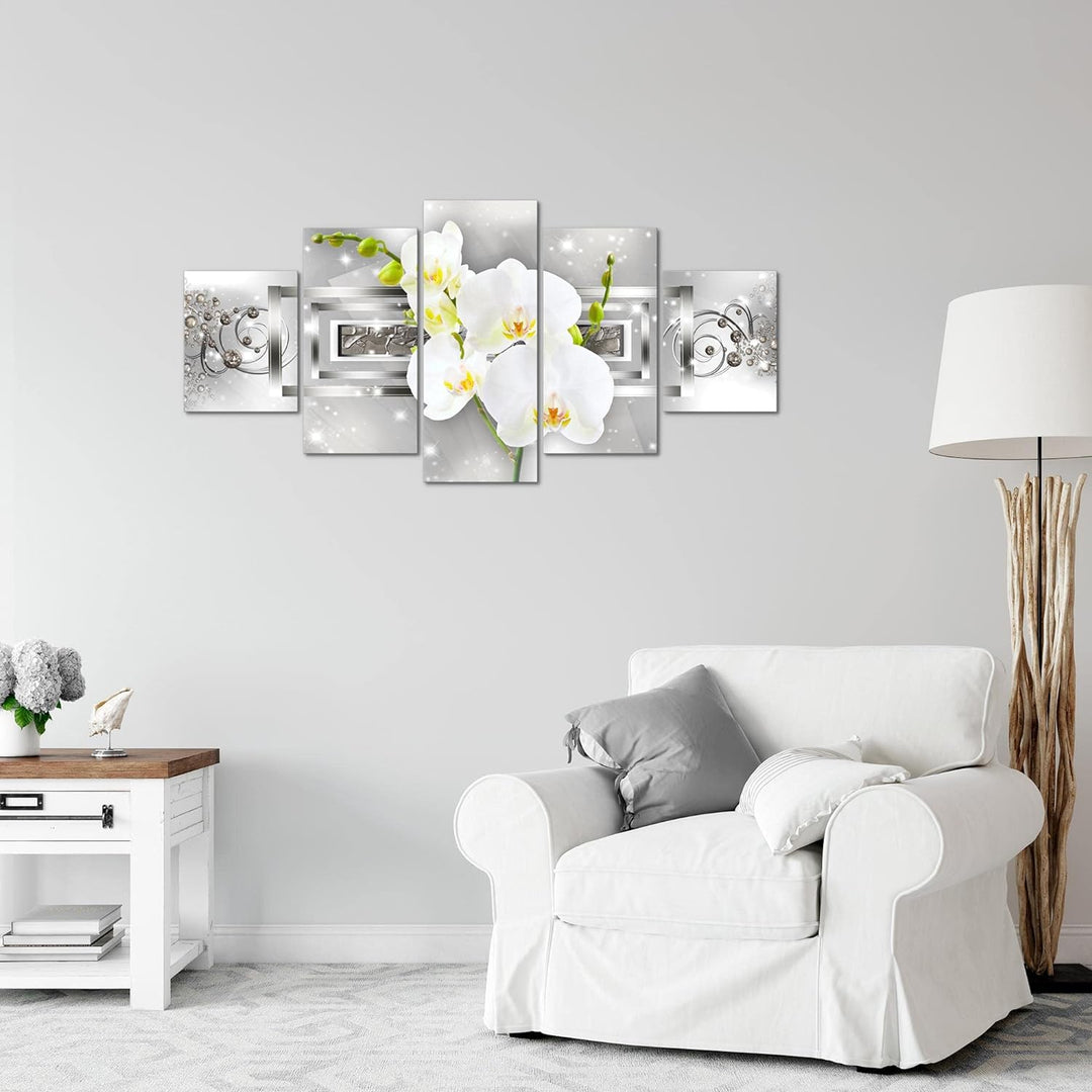 Runa Art Wandbilder Blumen Orchidee 5 Teilig Bild auf Vlies Leinwand Deko Wohnzimmer Ornament Silber