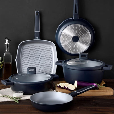 MasterPRO Indigo | Wok mit 28 cm Durchmesser, 8 cm Höhe und Deckel | Aluminiumguss | Maximale Antiha