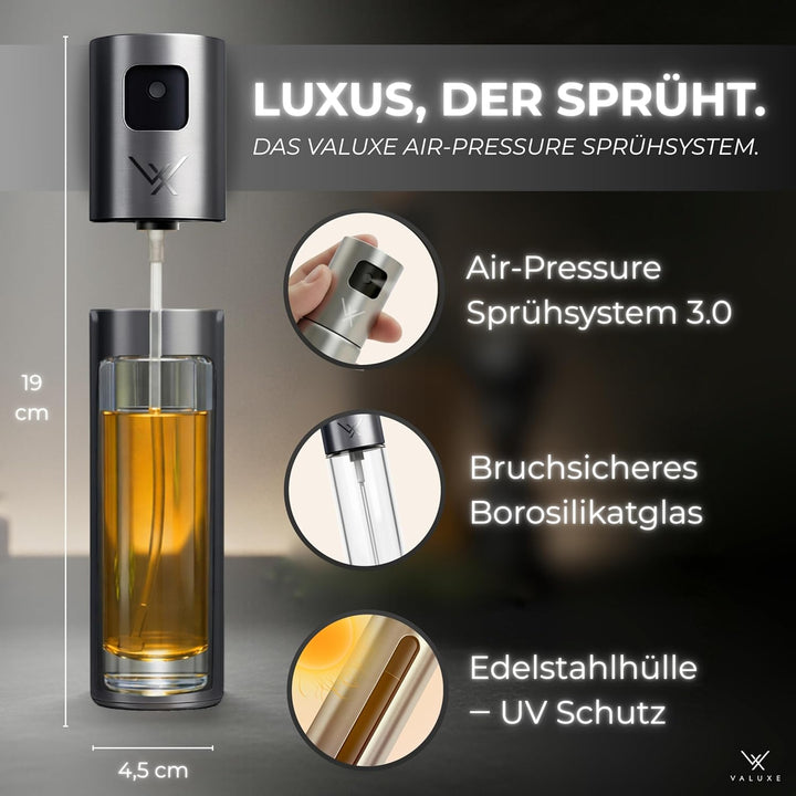 VALUXE® Ölsprüher für Speiseöl & Essig mit UV-Edelstahlmantel & Sprühfilter - Edelstahl Öl-Sprühflas