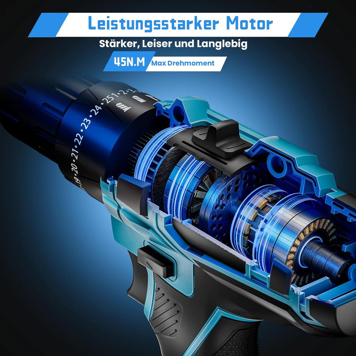 Akkuschrauber, 21V Akku Bohrschrauber mit 2 Akkus, Akkubohrer Set 45 Nm Drehmoment, 25+3 Drehmoments
