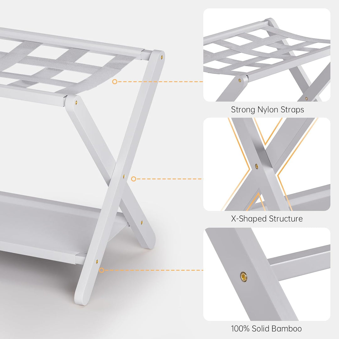 HITNET Kofferständer Klappbar 2er pack, Weiss Gepäckablage Faltbar aus Bambus für Gästezimmer, Koffe