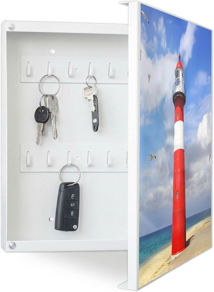banjado® Grosser Schlüsselkasten aus Glas - Schlüsselbox 30x30cm 50 Haken - Motiv Leuchtturm Westkap