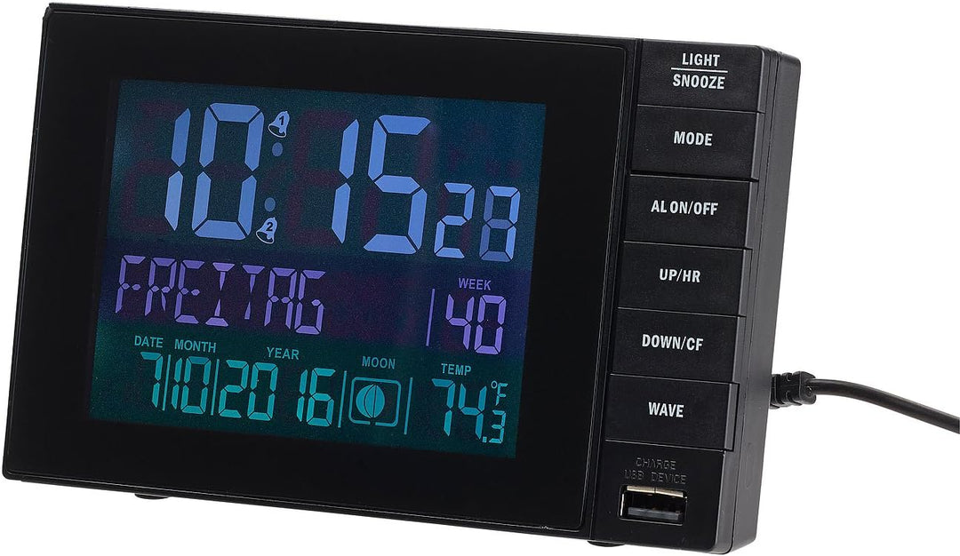 infactory Wecker mit Netzteil: Funkwecker mit Temperatur-Anzeige, USB-Ladestation (2 A), 2 Weckzeite