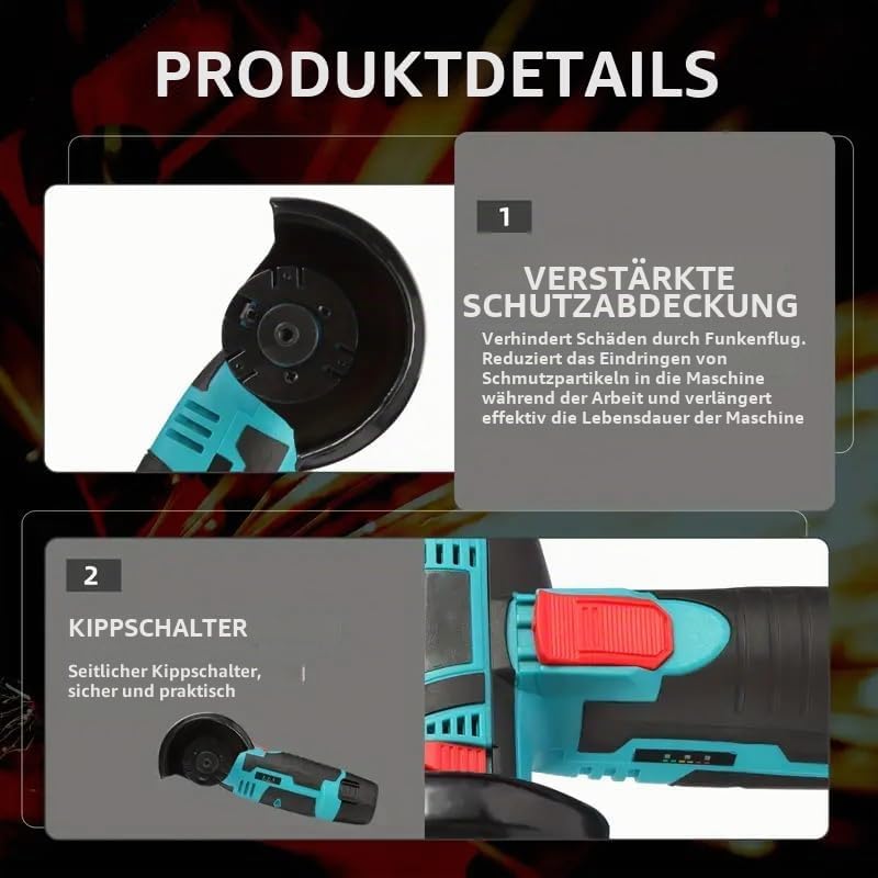 Akku Winkelschleifer 19500 U/min – kabellose Schleifmaschine,mit 2 Akkus/Ladegerät/Werkzeugkasten un