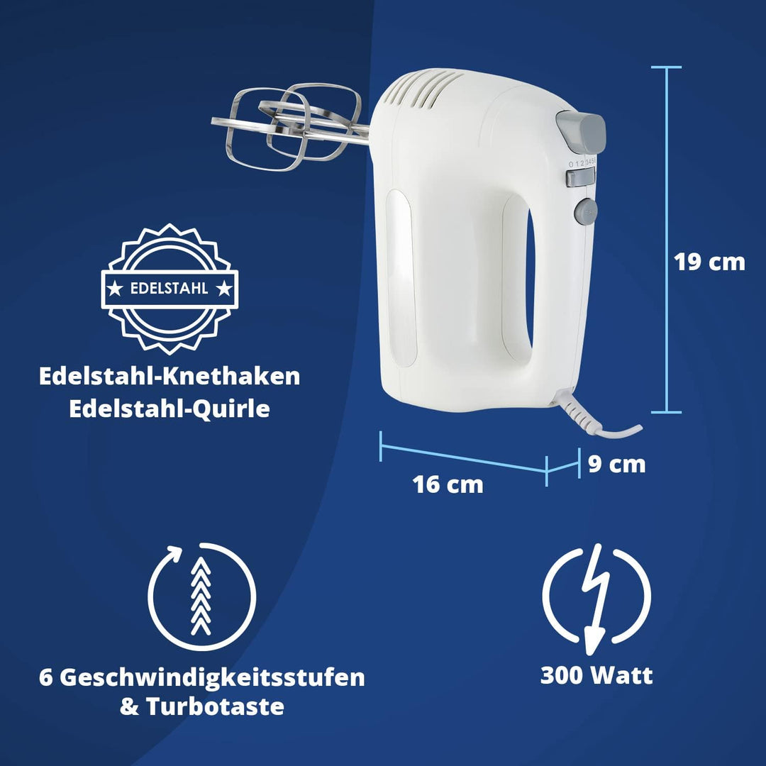 KHG Handmixer HM-301 WG 300 Watt Weiss | 2 Edelstahl-Rührbesen, 2 Edelstahl-Knethaken, 6 Leistungsst