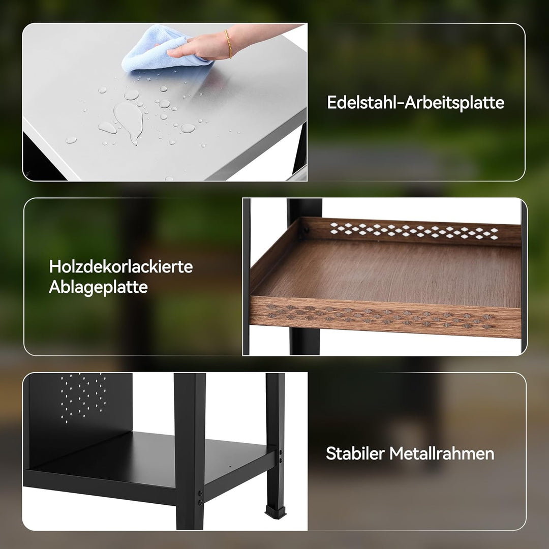 Royal Gourmet Grilltisch mit 85x50 cm Edelstahlplatte 3-Etage Grillwagen für Tischgrill und Pizzaöfe